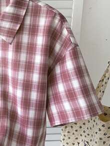 SHEIN Áo sơ mi ngắn tay kẻ caro cổ điển thường ngày dành cho bé gái tuổi teen - Đỏ - Xem 3