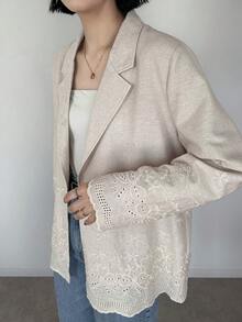 FRIFUL 女款休閒混紡寬鬆素色西裝外套，春夏女式西式穿搭 - 卡其色 - 查看 5
