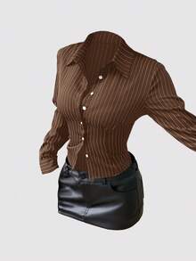 Sweetra Fashionable Contrast Color Textured Button Fitted Waist Flattering Striped Collar Long Sleeve Blouse For Women - Coffee Brown - View 7