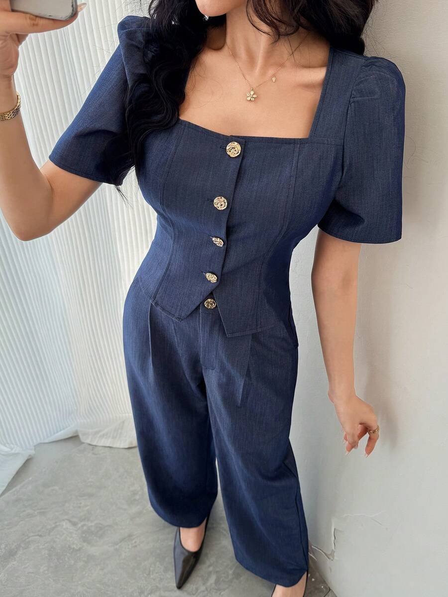 DAZY Women's Casual Washed Square Collar Puff Sleeve Shirt And Wide Leg Jeans Set, Summer - Medium Wash - View 1