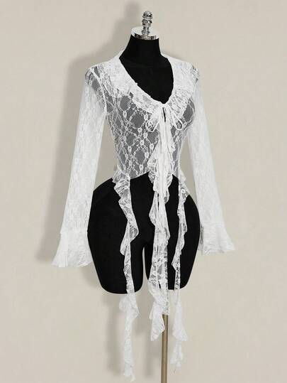 SHEIN ICON 2026 New Arrive Women's Floral Lace Patchwork Ruffle Hem Front Tie Flare Sleeve Fashionable Top See Through Shirt Lace Shirt,Going Out Tops ,Festival Outfits For Women