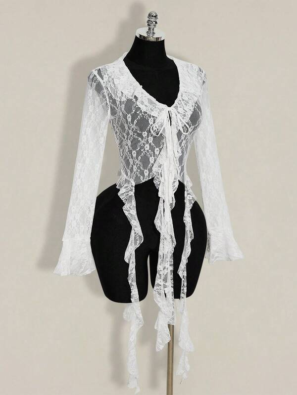 SHEIN ICON 2026 New Arrive Women's Floral Lace Patchwork Ruffle Hem Front Tie Flare Sleeve Fashionable Top See Through Shirt Lace Shirt,Going Out Tops ,Festival Outfits For Women