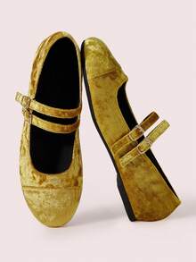 CUCCOO DOLLMOD Zapatos de ballet de ante amarillo con puntera redonda, estilo retro, para mujer, para primavera y otoño. Zapatos de baile de moda suave con suela plana y escote bajo para mujer. Zapatos de lunares Mary Jane para el Día de San Valentín - Amarillo - Ver 2