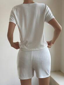 Livesso 2pcs/Set Women Casual Round Neck Knit Top And Shorts - White - View 2