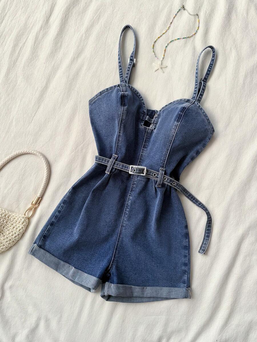 Elamini Women's Casual Denim Romper, Summer - Blue - View 1