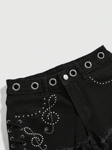 ROMWE Women's Y2K Millennium Retro Ultra Low Waist Mini Musical Note Rhinestone Embellished Denim Jeans - Black - View 3