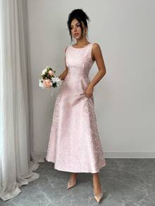 SHEIN Elenzya Women's Jacquard Fabric Backless Design Waist Cinched A-Line Elegant Everyday/Vacation/Commute Fashion Valentine's Day Date French Street Vintage Versatile Early Spring/Spring-Summer Sleeveless Light Pink New Mid-Length Dress - Pink - View 4