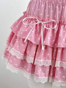 Elamini 1件黑白波点印花低腰蝴蝶结蕾丝荷叶边休闲派对可爱女士迷你裙 - 粉色 - 查看 7