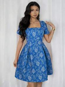 Rafferiza 女士优雅方领提花腰部褶裥短袖A字迷你连衣裙 - 寶藍色 - 查看 4