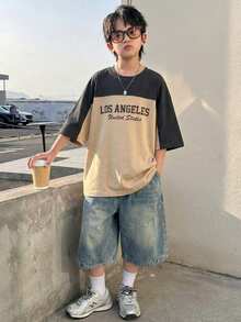 SHEIN Little Byeori 男童休闲宽松字母印花落肩短袖T恤和牛仔短裤套装，卡其色T恤套装，工装裤，Y2K风格套装，夏季短裤，幼儿男童服装，适合春夏、郊游、情人节、约会、旅行、度假、家庭聚会、返校、婚礼、正式场合、运动、生日派对等场合。 - 彩色 - 查看 3