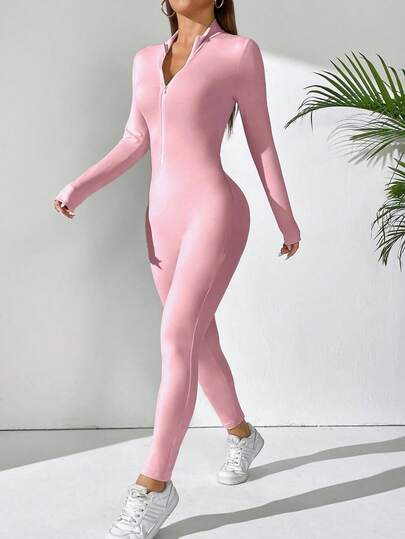 SHEIN PETITE Women's Solid Color Long Sleeve Zip-Up Stand Collar Jumpsuit