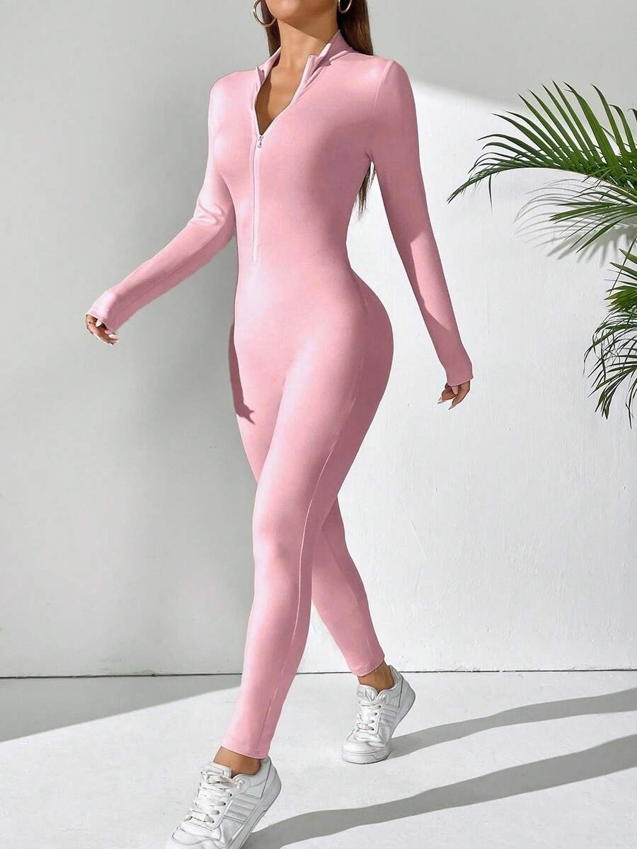 SHEIN PETITE Women's Solid Color Long Sleeve Zip-Up Stand Collar Jumpsuit - Baby Pink - View 1