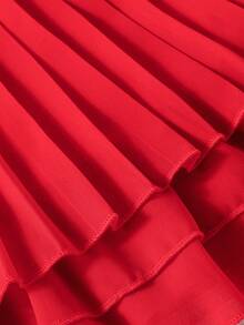 SHEIN 女婴红色蝴蝶结褶皱荷叶边领口和下摆双层荷叶边连衣裙，适合日常、度假、休闲、优雅、可爱装扮 - 紅色 - 查看 7