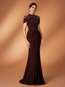 Serin 优雅奢华的菱形图案薄纱拼接弹力针织褶皱袖鱼尾裙，适合婚礼、派对、度假、舞会、新娘母亲晚礼服 - 酒紅色 - 查看 4