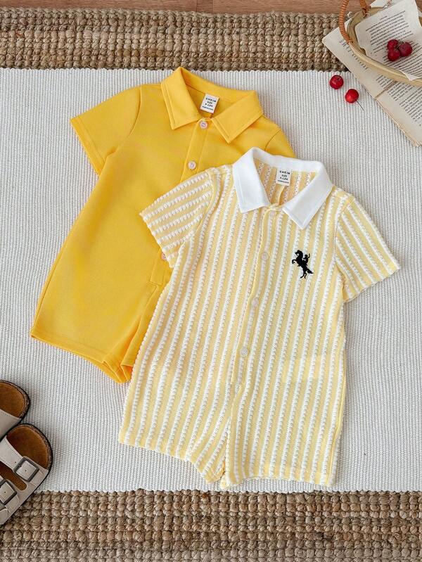 SHEIN 2pcs/Set Newborn Unisex Baby Boy/Girl Cute Yellow Striped Short Sleeve Romper Outfit, Spring/Summer Baby Clothes