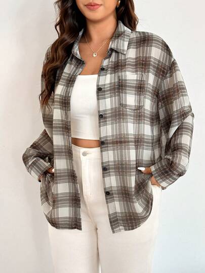 Easura 大码女式长袖半透明格子水印休闲舒适衬衫