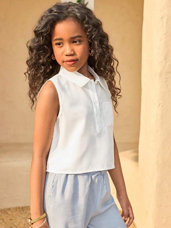 Tween Girls' Casual Daily Collegiate Style Vacation Sleeveless Loose Polo Pocket Shirt