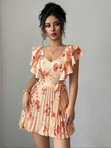 Elenzga 荷叶边V领收腰A字印花度假优雅浪漫连衣裙（女款） - 彩色 - 查看 4