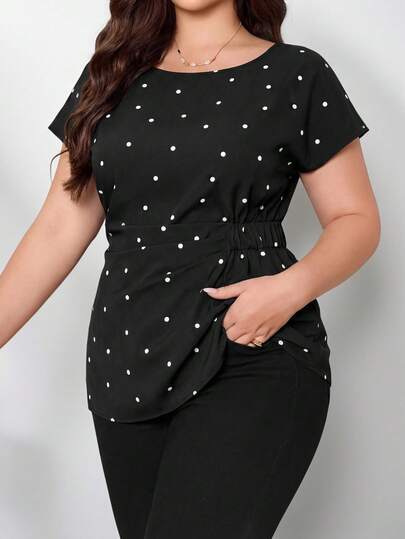 Chikora Plus Size Women's Summer Casual Vacation Style Polka Dot Print Batwing Short Sleeve Ruched Waist Top, Summer Tops