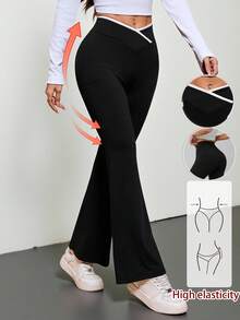SHEIN PETITE Women Asymmetric Waist Flared Casual Pants - Black - View 1