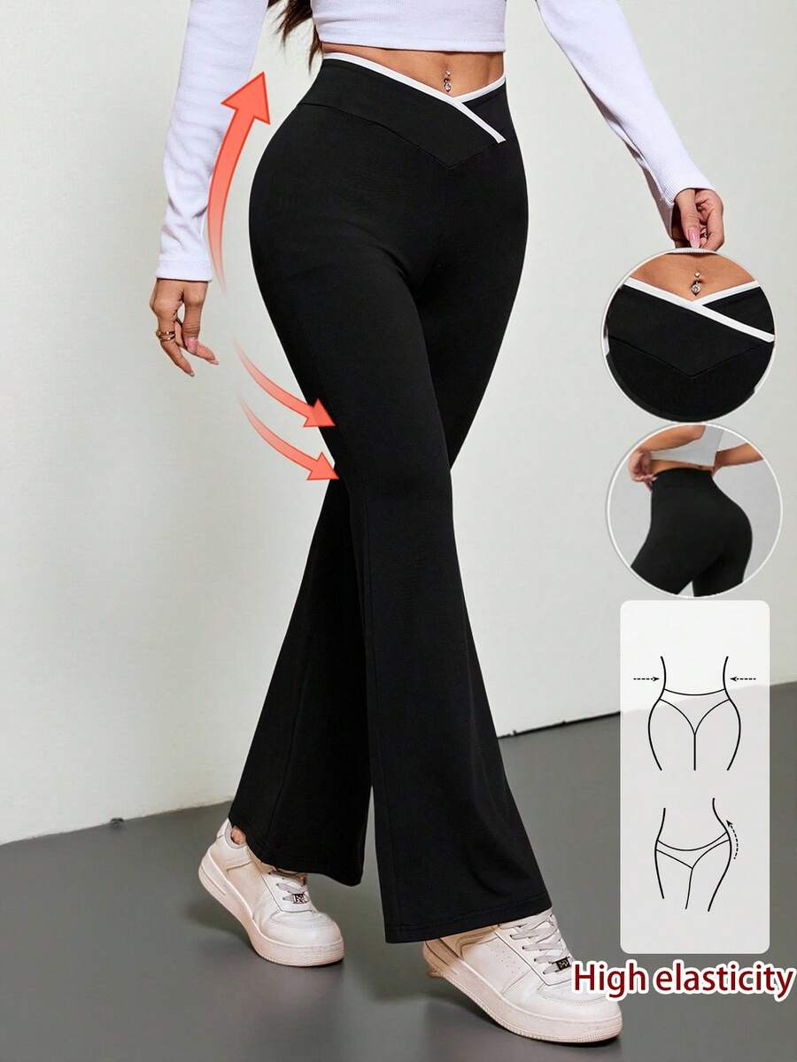 SHEIN PETITE Women Asymmetric Waist Flared Casual Pants - Black - View 1