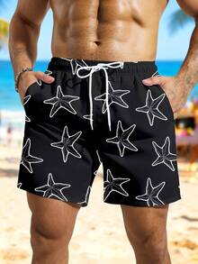 Manfinity Swimmode Men's Summer Vacation Style Starfish Print Drawstring Waist Slant Pocket Loose Beach Shorts - Black - View 1