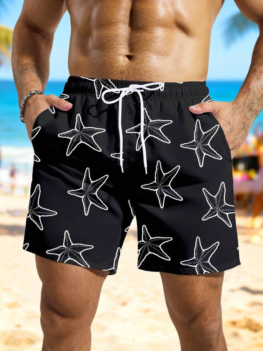 Manfinity Swimmode Men's Summer Vacation Style Starfish Print Drawstring Waist Slant Pocket Loose Beach Shorts - Black - View 1