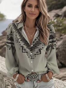 Zayélia Áo kiểu nữ tay dài cổ bẻ cài cúc đơn, in họa tiết hoa cổ điển, đa năng, thích hợp mặc hàng ngày. - Nhiều màu - Xem 4