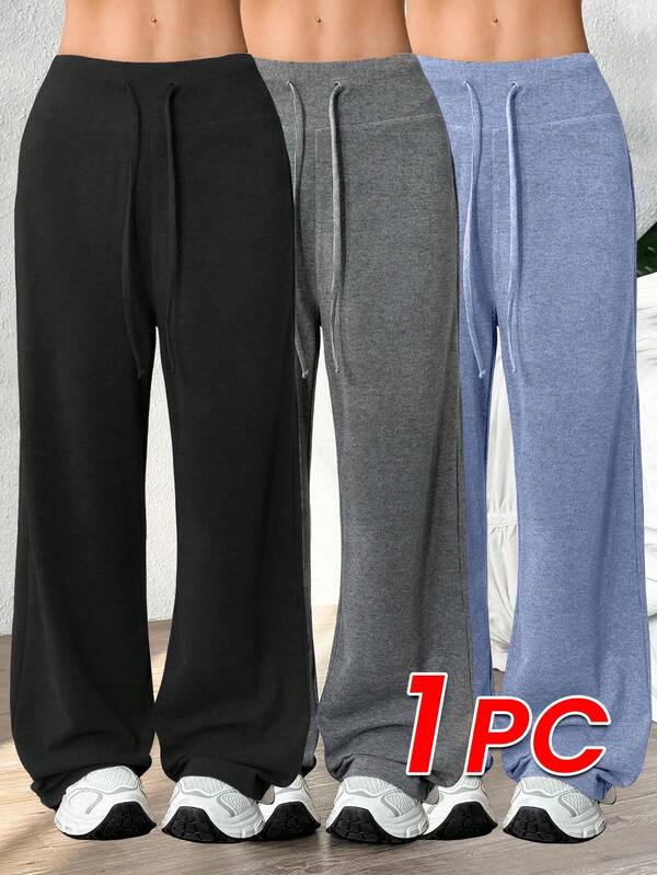 Dewbera Women's Solid Color Drawstring Waist Wide Leg Loose Casual Pants Black Pants Loose Pants