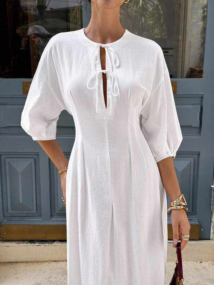 Siren Gaze Business Casual Woman Wedding Guest Dress Women  All White Party Outfit Women   Women's Maxi Dress, White Maxi Dress Old Money Style Wome Teacher Outfits For Women Solid Color, Long Sleeves, Tie-Up Simple And Stylish, Suitable For Summer Ladies Summer Wear Women's Summer Simple Solid Color Front Tie Waist Dress New Year Casual White - White - View 3