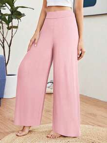 SHEIN Essnce Women's Solid Color High Waist Casual Loose Wide Leg Knit Pants Lounge Dusty Pink Autumn - Pink - View 5