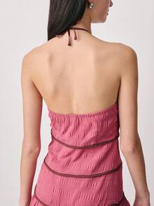 Nöista Strapless Dark Pink Dress, Off Shoulder, Textured Fabric With Tiered Bodice Details And A Flowing Shape. Summer, Events, And Weeding Occasions. - Dusty Pink - View 6