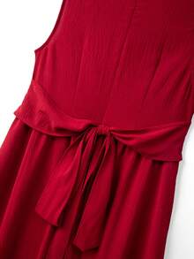 GlowEve CURVE Plus Size Summer Casual Solid Color Overlap Collar Pleated Dress, Suitable For  Day - Red - View 4