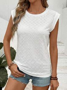 SHEIN LUNE Camiseta de cuello redondo de unicolor y textura casual de verano - Blanco - Ver 5