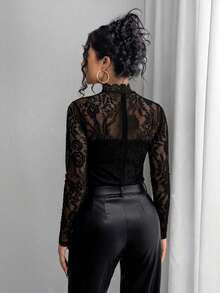 Rafferiza Petite Áo thun dài tay ren xuyên thấu gợi cảm thanh lịch dành cho nữ - màu đen - Xem 2