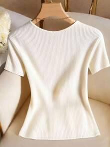 Franclia Women's Solid Color Square Neck Ribbed Short Sleeve T-Shirt - White - View 2