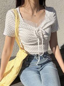 FRIFUL Women's Casual Polka Dot Print Lace Ruched Bust T-Shirt, Summer - White - View 6