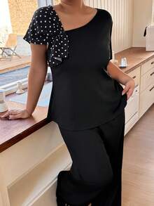 Napfluff CURVE Napfluff CURVE Asymmetrical Neckline, Sleeve Ruched Polka Dot Decor Short Sleeve & Long Pants Plus Size Pajama Set - Black - View 1