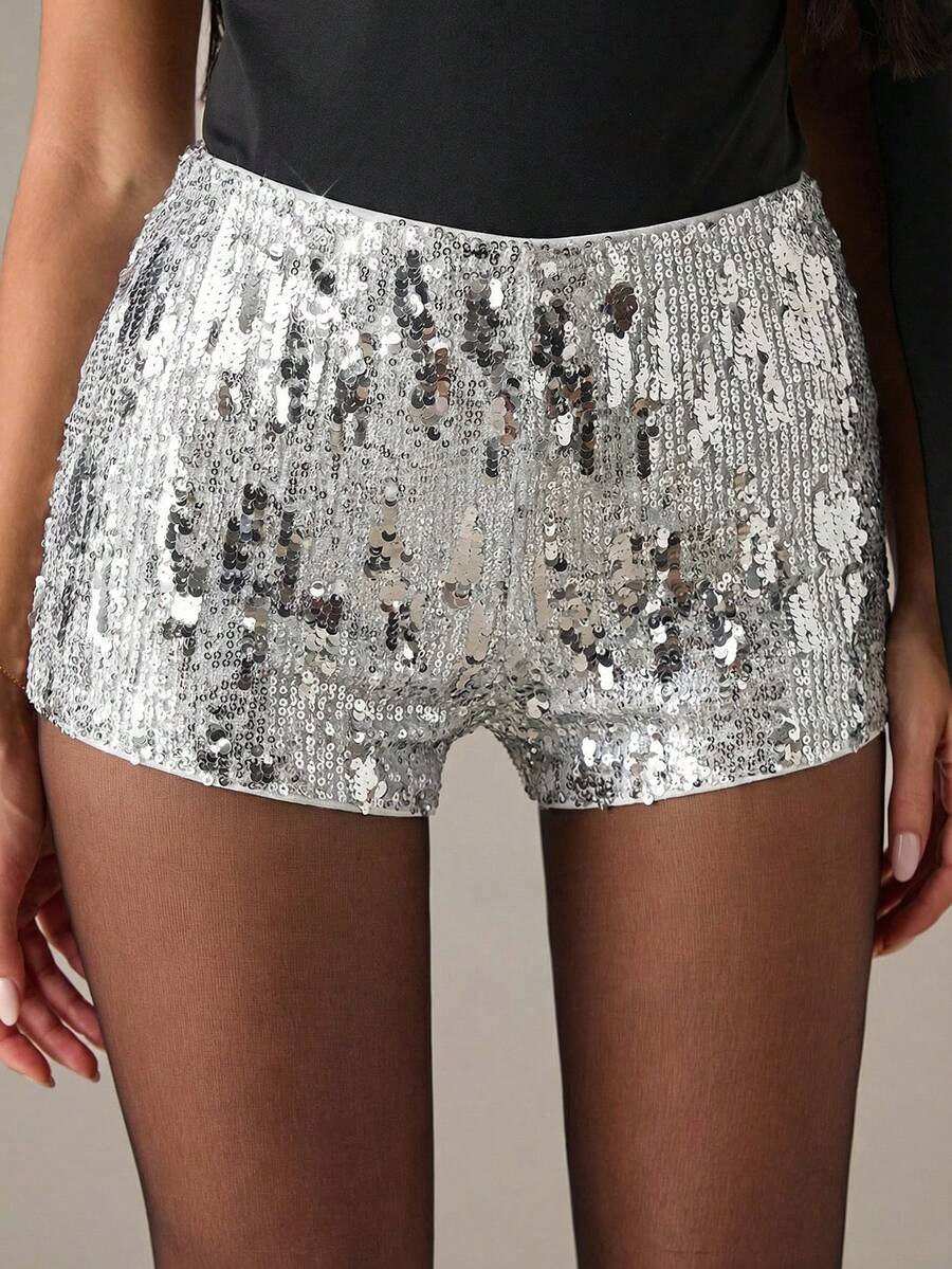SHEIN BAE Women's Solid Color Sequin Embellished Tight Shorts, Fashionable For Party Occasions - Silver - View 1