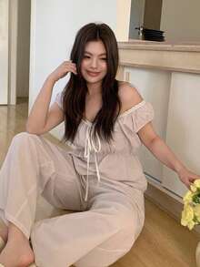 Dazy Plus Plus Size Women Striped Front Tie Top And Pants Pajama Set - Khaki - View 9