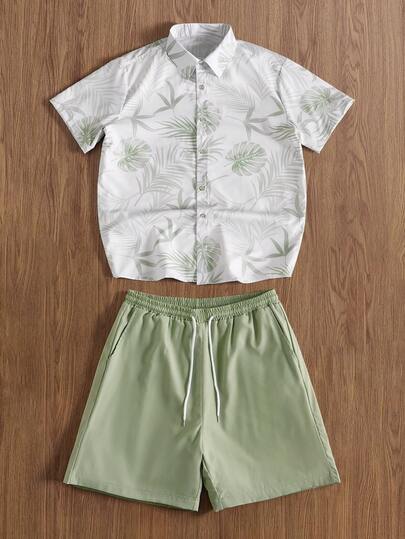TOKVUE 男士植物印花纽扣前短袖夏威夷衬衫和抽绳腰短裤套装，夏季舒适服装