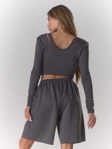 MUSERA 双层长袖露肩上衣，夏季运动休闲风，适合日常穿着，街头风，街头服饰 - 灰色 - 查看 4