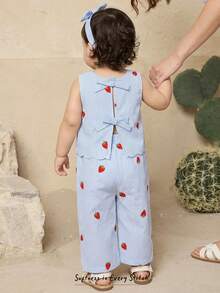 Cozy Pixies 2件套女婴草莓印花圆领无袖上衣和松紧腰裤套装 - 藍色 - 查看 9