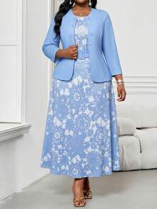 SHEIN Lady 2件套加大码女士商务抽象波浪印花简约圆领系带度假中长连衣裙套装外出服蓝色两件套春夏服装休闲连衣裙女士碎花连衣裙芥末黄连衣裙女士蓝色碎花连衣裙女士教堂连衣裙女士半身裙套装女士半身裙夏季连衣裙春季连衣裙毕业典礼 - 淺藍色 - 查看 4