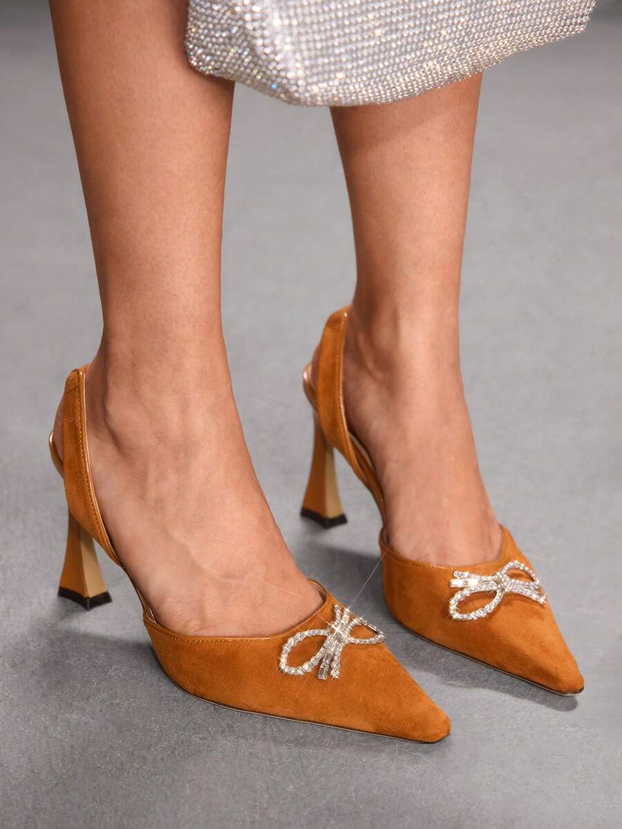 CUCCOO SZL Women's Caramel Pointed Toe Stiletto High Heels, Rhinestone Bow Tie Ankle Strap Faux Suede Pumps For Work And Party Valentine's Day - caramel color - View 1