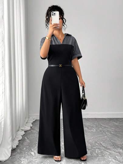 Elenzga Plus Size Women's Spring/Summer Commuter Vintage Striped Patchwork Jumpsuit, Elegant Office Wear Jumpsuit, Commuter Spring/Summer Vacation Patchwork Slim Fit A-Line Flattering Elegant Women's Top, Exclusive New Year Date Jumpsuit Pants, Suitable For Graduation, Holidays, Valentine's Day, Music Festivals, Mother's Day, Halloween, Thanksgiving, Easter, National Day, Dances, Dates, Parties, Weddings, Outings, Etc.