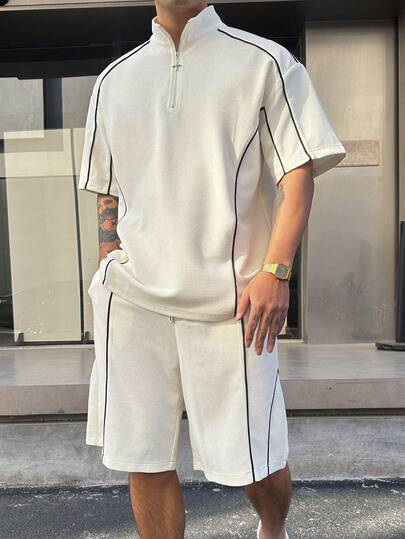 DAZY 男士Polo衫短裤套装，撞色装饰线条，夏季款