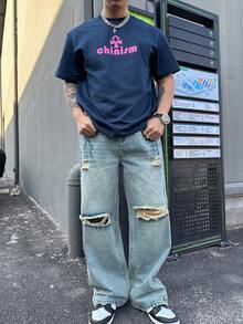 DAZY Quần jeans denim rách, bạc màu dành cho nam, thích hợp cho mùa xuân/hè. - Màu xanh lam - Xem 4