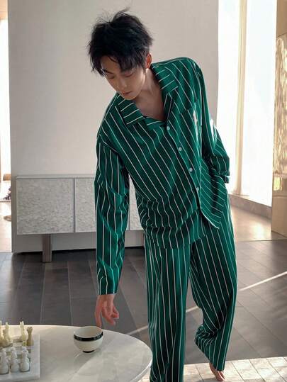 DAZY Conjunto de pijama de manga larga con pantalones con estampado de rayas verdes de primavera para hombres
