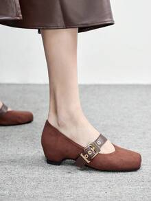 CUCCOO BIZCHIC Women's New Square Toe Suede Brown With Broadband Metal Buckle Fashionable Daily Commuting Versatile Wear Wedge Heel Shoes Valentine's Day - Brown - View 5
